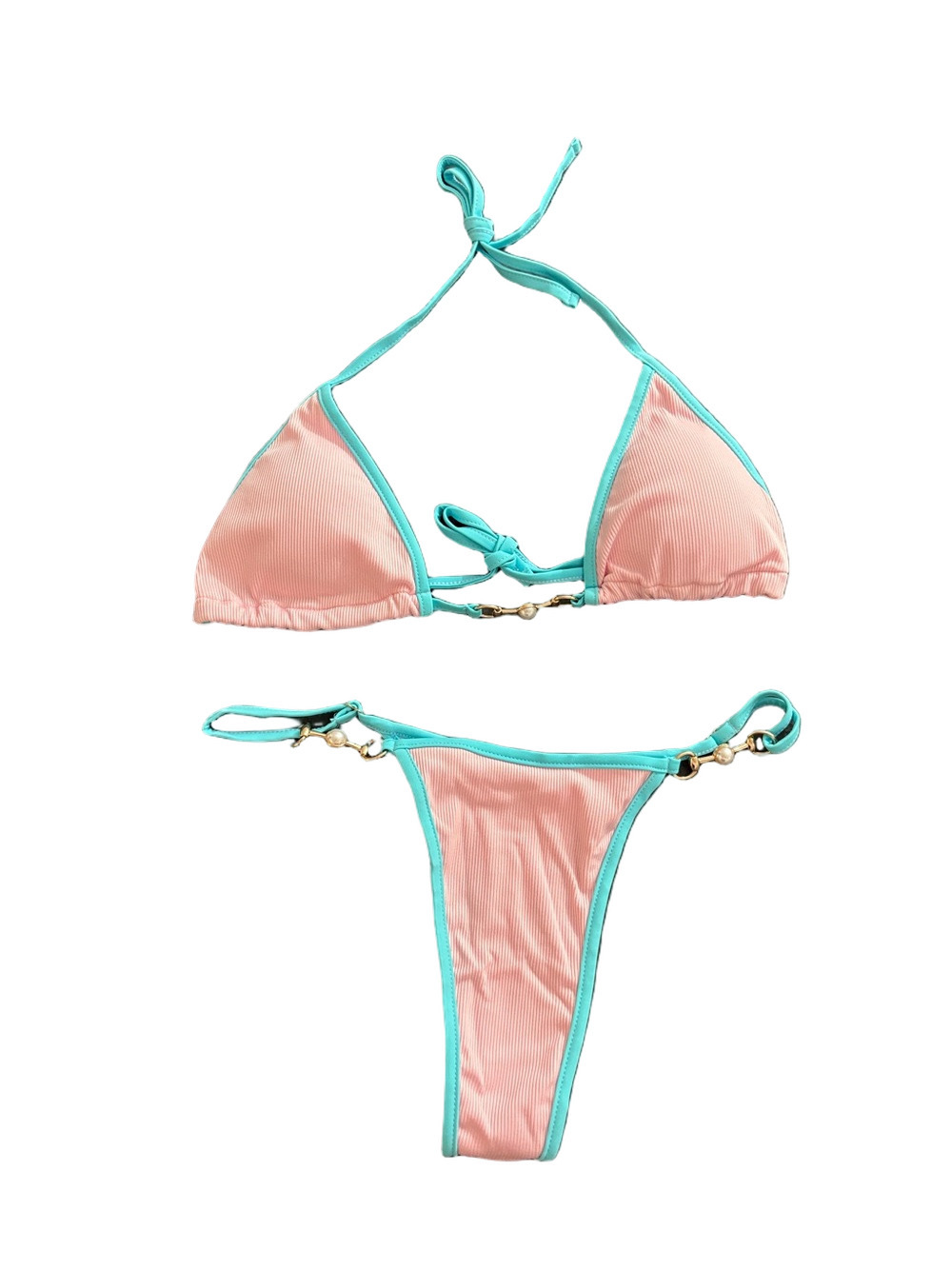 Tashehe Pink Aqua Ribbed Bikini Set Pearl Detail Women’s Large NWOT